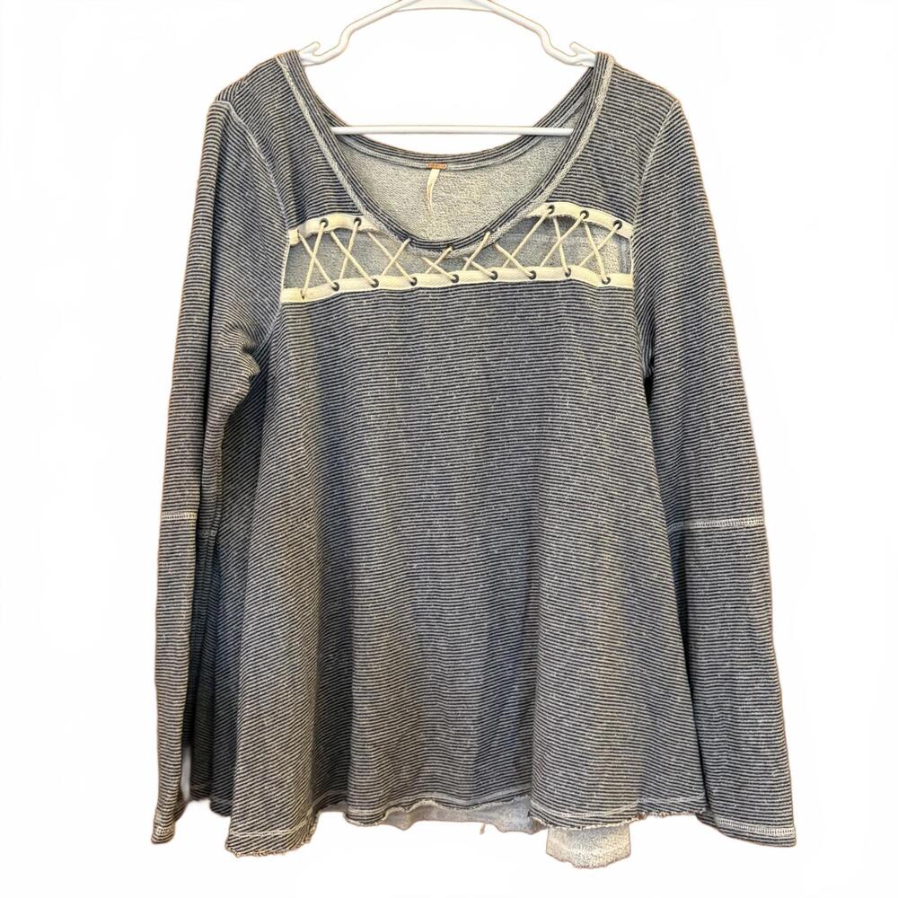 Free People Womens Large Long Sleeve Navy Stripe Terry Shirt Scoop Neck Festival